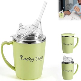 350ml Adult Sippy Cups for the Elderly Non Spill with Lid and 30cm Straw, 3-in-1 Sippy Cup for Adults, Anti Choke Spill Proof Cups, Stainless Steel Dysphagia Beakers for Disabled Patient Drinking Aids