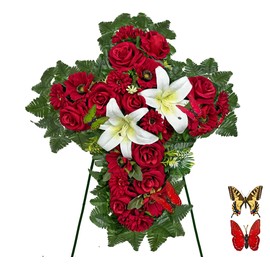 HENOMO Cemetery Flower for Grave Decorations, Memorial Floral Cross with Easel Stand,Headstone Wreath-Red Rose Hibiscus/White Lily-28 Inch