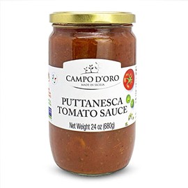 Italian Puttanesca Tomato Sauce, 24.oz. Italian Homemade style Pasta Sauce, Campo D'Oro, Spaghetti Sauce from Italy, Italian Sausages.
