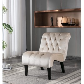 Comfy Velvet Accent Chair, Upholstered Armless Side Chair for Living Room, Modern Small Lounger with Tufted Back and Rolled Edge Design, Comfy Reading Chaise Lounge with Solid Rubber Wood Legs, Beige