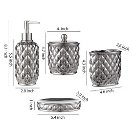 Motifeur Bathroom Accessories Set, 4-Piece Ceramic Bath Accessory Complete Set with Lotion Dispenser/Soap Pump, Cotton Jar, Soap Dish and Toothbrush Holder (Pineapple Pattern, Silver Grey)