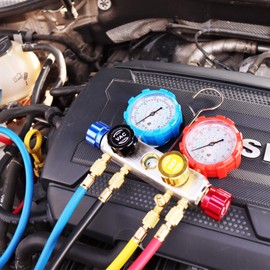 JIFETOR 4 Way AC Manifold Gauge Set, HVAC Diagnostic Refrigerant Charging Tool for Auto Household R404A R134A R410A, with 5FT Hose, Adjustable Quick Coupler, Adjustable Can Tap, R410A Adapters