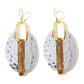 DIAMANTIO Statement Boho Hammered Metal Oval Dangle Earrings 18K Gold Plated – Mixed Metal Drop Earrings with Gold, Silver & Copper Accents for Women