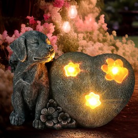 Capoda Solar Heart Dog Statue Garden Memorial Stone Gifts Pet Memorial Headstones Guardian Angel Garden Solar Light Decor with Paw Prints Outdoor Grave Markers for Loss of Dog Resin Statue Stones