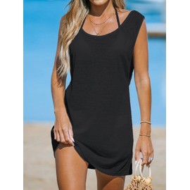 CUPSHE Women's Swimsuit Cover Up Tank Sleeveless Summer Mini Dresses Beach Basic Black,XL