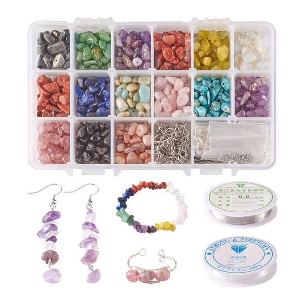 PandaHall 1102pcs Natural Gemstone Chip Beads Set Include Earring Hooks