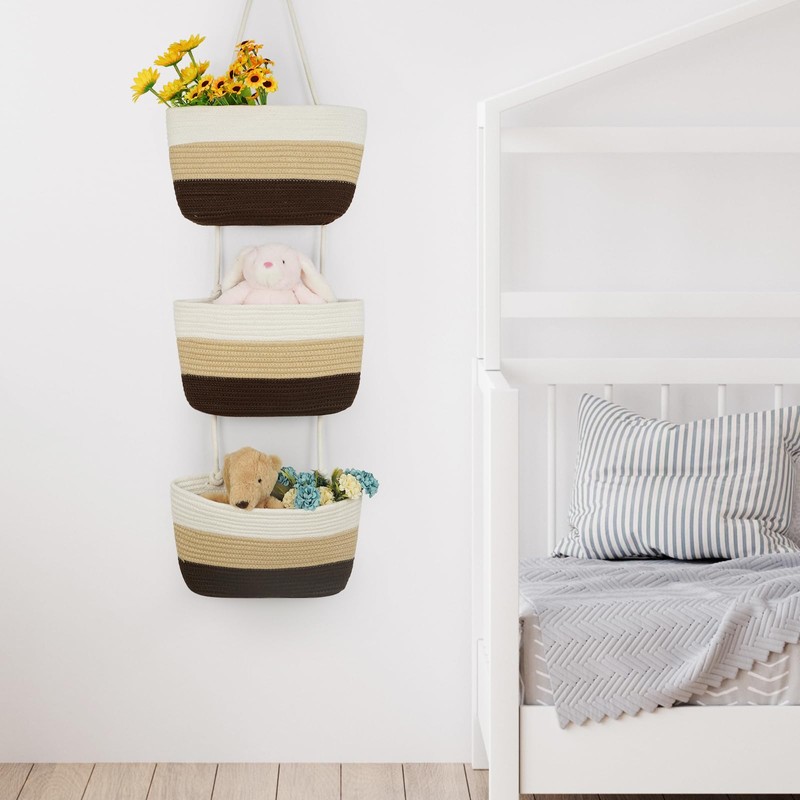 TeoKJ Over the Door Hanging Basket, 3-Tier Woven Cotton Wall-Mounted