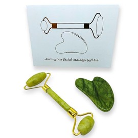 Facial Roller & Gua Sha Real Golden Stone - Anti-Wrinkle, Toning and Firming for the Skin | Massage Tools for Rejuvenation and Relaxation (Jade Set)
