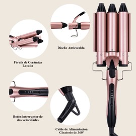 Rizador de Pelo,25mm Rizador De Cabello Ondas Cerámica 3 Barriles,Rizador para Cabello,Ondas Cerámica con Temperatura Ajustable, Calienta Rápidamente para Mujer en Casa y Viaje, Cabello Largo o Corto Herramientas de Peinado,Champán Rosa