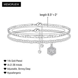 Memorjew Ankle Bracelets for Women Initial Anklet, 14K White Gold Plated Layered Anklet Letter K Initial Silver Anklets for Women Gifts