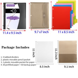 Tashkummy Pivotable Refillable Notebook, Upgraded 1 Inch 3 Ring Notebook Binder, 100 College Ruled Paper, 5 Subject Notebook with Dividers and Folder Pockets, Tabs- Black