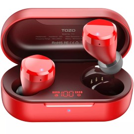 TOZO T12 Wireless In-Ear Earbuds Digital LED Display Headphones IPX8 Waterproof - Red