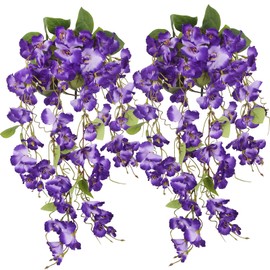 GhuaH 2 Pcs Fake Hibiscus Flowers Artificial Hanging Flowers Plants for Outdoors Realistic UV Resistant Spring Summer Decor Purple Silk Faux Flowers Trailing Vines for Front Door Porch Outside