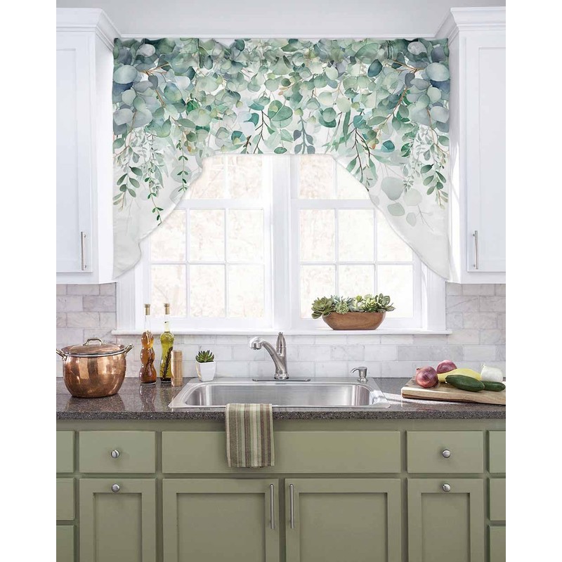 Sage Green Eucalyptus Leaves Swag Valances for Kitchen Window, Spring