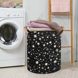 Kolabimo Laundry Basket Collapsible Waterproof Storage Bin Organizer with Handles Round Dirty Clothes Nursery Hamper for Living Room Bedroom Bathroom Toys Box (Star Pattern)