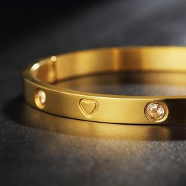 CCAIPU 18K Gold Plated Bangle for Women, 4 mm Titanium Steel Crystal Bracelet, Friendship Gifts for Women, Mother, Girls, Metal, No Gemstone