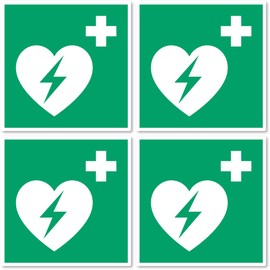 Automated External Defibrillator (AED), Rescue Sign: E010 - DIN EN ISO 7010 / ASR A1.3 - Sticker: 7.5 cm, Pack of 4