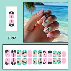 Beach Vacation Press on Nails Coconut Tree Design Fake Nails with Glue Short Square Full Cover Stick on Nail for Women Glossy Artificial False Nail