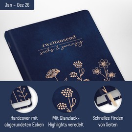 Häfft - Timer Book Calendar 2026 A5 "Fine Flowers Night Blue" January - December 2026, Hardcover Calendar, Diary A5 for Young Adults - Sustainable and Climate Friendly