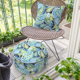 DYTXIII Inflatable Ottoman Stool D21 xH9 for Outdoor/Indoor Use, Water Repellent Patio Foot Rest with Portable Handle,Round Pouf Ottoman Suitable for Garden,Deck and Camping - Paisley Lapis Green