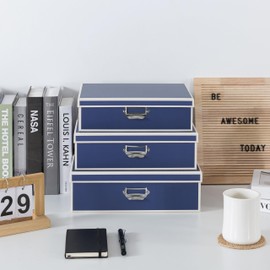 Soul & Lane Decorative Cardboard Storage Boxes with Lids and Label Holders - Set of 3, Memory Boxes for Keepsakes, Office Photo Storage for Pictures, Photo Albums, Documents, Stationery, Heritage Blue