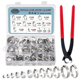 HSEAMALL HSEAMALL 150PCS Stainless Steel Single Ear Hose Clamps with Hose Clip Pliers,12 Sizes 6-33 mm Pipe Hose Clamp Fuel Line Clip