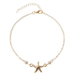 Dishowme Pearl Anklet with Starfish Minimalist Faux Pearls Summer Beach Anklet Jewellery for Women Girls (Gold)