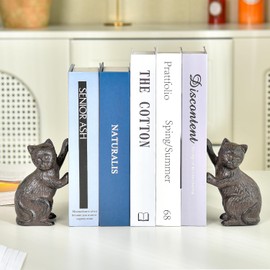 Sungmor Cast Iron Cat Sculpture Decorative Bookends, Animal Book End for Shelves Vintage Home Office Decor, Funny Bookend to Hold Books, Set of 2 Antique Brown Cat Statues