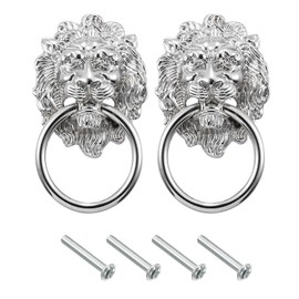 uxcell 2 Pcs Lion Head Pulls Knob, 3.54" x 2" Zinc Alloy Vintage Lion Door Handle Decorative Front Door Knob Ring Pull Handle for Gate Cabinets Drawers, Silver
