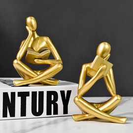 Large Golden Reading Woman Statue Thinking Sculpture Abstract Art Figurine Modern Aesthetic Decor for Home Living Room Bedroom Office Shelf Table Dining Table Bookshelf