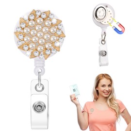 Flower Magnetic Badge Holder Retractable Badge Reel Diameter 1.26" Pearl Gold Flower Magnetic ID Badge Clip Magnet Name Tag Holder for Shirt Nurse Teacher Doctor Office with 24 Inch Pull Cord