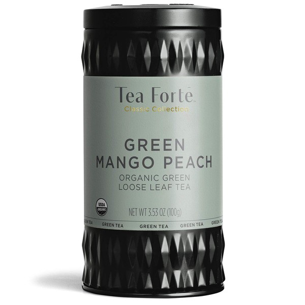 Tea Forte Organic Green Tea, Makes 35-50 Cups, 3.53 Ounce Loose Leaf Tea Canister, Green Mango Peach