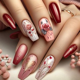 Valentine’s Day Press on Nails Long Coffin False Nails with Pink Rose Flower Design Artificial Stick on Nails Kit Romantic Valentines Day Fake Nails Glossy Glue on Nails for Women Girls 24Pcs