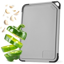 Axer Chopping Board Plastic BPA Free – Universal Size 35 x 25 cm Kitchen Board Dishwasher Safe – Chopping Board with Juice Groove Feet Handle and Grater – Cutting Board – Light Grey