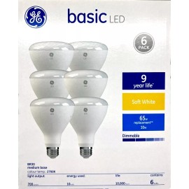 GE (6 bulbs) GE LED BR30, 10 watt, 700 lumen, soft white 2700K, Dimmable, medium