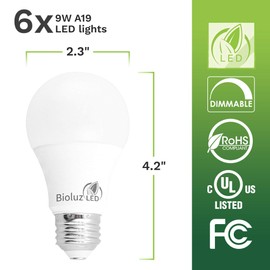Bioluz LED Daylight Light Bulbs 5000K LED Light Bulbs 60 Watt A19 Bulbs (Use 9 Watts) LED Light Bulbs ECO Series 6-Pack