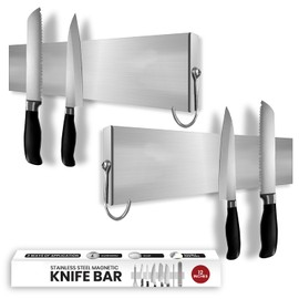 Stainless Magnetic Knife Holder for Wall Pack 2, 12 Inches, Multifunctional Knife Magnetic Strip Fridge for Organizing Kitchen Utensils, Glue, 2 Side Hooks, & Foam Adhesive Strip Included