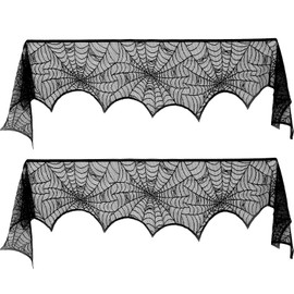 Blulu 2 Pieces Spiderweb Fireplace Mantle Scarf Lace Halloween Decoration Cover for Halloween Home Party Supply, Black, 18 by 96 inch