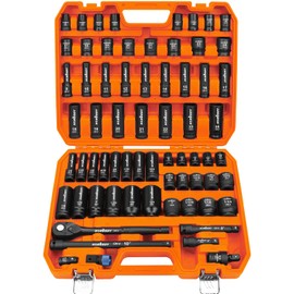 HORUSDY 1/2" Drive Impact Socket Set, 67-Piece SAE (3/8"-1-1/4") and Metric (8-24mm) Size, 6 Point, Cr-V, 1/2-Inch Drive Ratchet Handle, Drive Extension Bar, Impact Universal Joint, Hex Bit Adapter