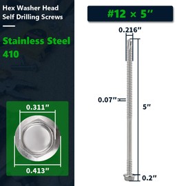 #12 x 5 (25 Pack) Hex Washer Head Self Drilling Screws (5/8" to 6" Available), 410 Stainless Steel Self Tapping Sheet Metal Screws, No Pre-drilled Needs