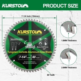 KURSTOL Metal Circular Saw Blade - 7-1/4 inch (184MM) TCG Cutting Blade 60T Tungsten Carbide Tipped Blade Arbor 15.87mm for Aluminium,Non-Ferrous Metals,Plastic