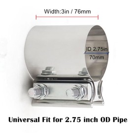 AotoKoop Exhaust Clamps, Butt Joint Band Clamp Sleeve Connector Stainless Steel for Mufflers, Pipe, Catalytic Converters (1 pcs) (OD to OD-1pc, 2.75 inches)