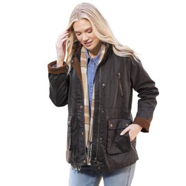 SAGEFINDS Portland Barn Jacket, Women’s Coat with Corduroy Accents, Hidden Front Zipper with Snap Down Closure, Hideaway Hood, Interior Drawstring Waist, Pockets