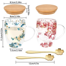 bssmmai Pack of 2 Double-Walled Latte Macchiato Glasses with Spoon, 350 ml Cappuccino Glasses Double Walled with Lid, Double-Walled Coffee Glasses with Handle, Thermal Glasses with Dried Flowers (Pink