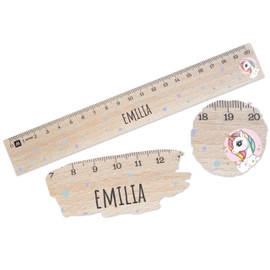 Wooden Ruler 20 cm – Unicorns – Unicorn Motif Wooden Ruler for Girls with Name, Gift Idea for Primary School and First Day of School – 20 cm – Wood