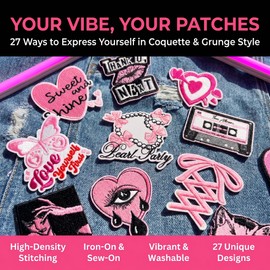 HEYTRCO 27PCS Y2K Pink Goth Embroidery Patches Iron On Aesthetic Sweet Heart Cat Headphone Retro Applique for Jackets Bags Hats Alternative Fashion