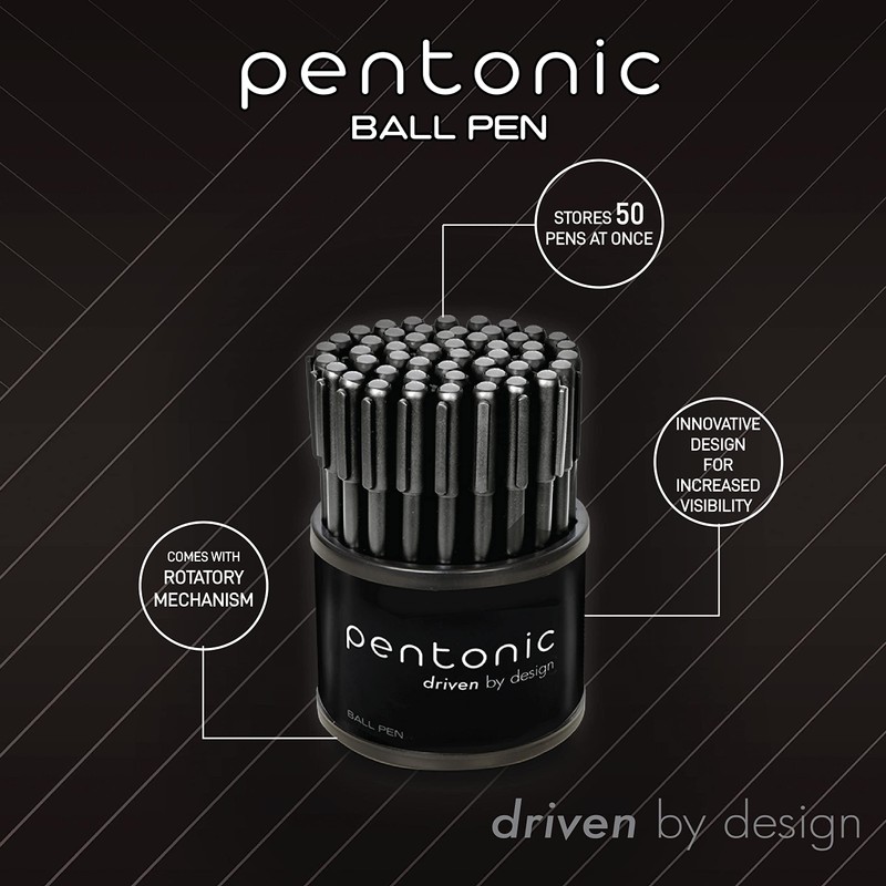 Pentonic Ballpoint Pens In Pen Organizer, Bulk 50 Count, Black