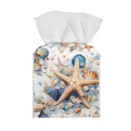 Pzuqiu Starfish Seashell Tissue Box Cover Facial Tissue Holder Case with Belt Bottom Decorations Storage for Bathroom/Kitchen/Living Room/Bedroom