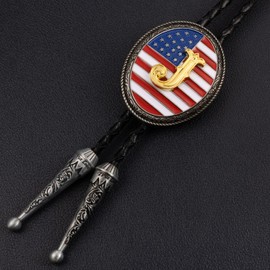LAXPICOL Vintage Bolo Tie for Men Fashion American Flag Initial Letter Western Cowboy Bolo Tie for Women (J)