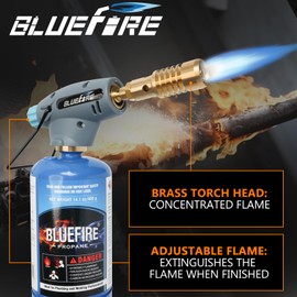 BLUEFIRE Handy Cyclone Torch Head Portable Brass Gas Torch Manual Ignite Fuel by MAPP MAP PRO Propane Gas Cylinder for Soldering Welding Plumbing Repair Lighting Grills Glass Work Remove Tile DIY